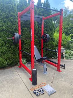 Rogue Monster Lite Power Weight Lifting Rack, Bench & Ethos Olympic Weight Set
