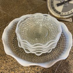 1950's Anchor Hocking Hobnail Moonstone Fluted Opalescent Berry Bowl and 6 smaller dessert bowls. 