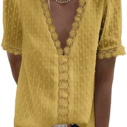 ☀️ Womens Summer Lace Tops V Neck Short Sleeve Shirts Vintage Elegant Polka Dot Blouses Tunic