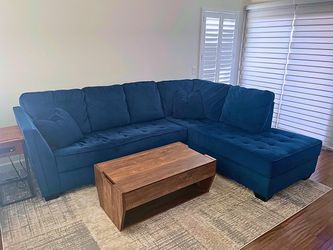 Blue Velvet Sectional  + Lift Top Coffee Table