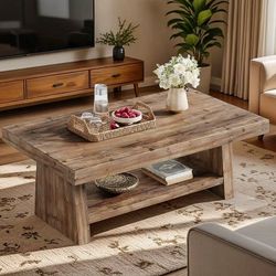 LD0237 47 Inch Farmhouse Rustic Vintage Carbonized Solid Wood 2-Tier Rectangular Coffee Table Center Table with Storage Shelf Distressed Charred Wood 
