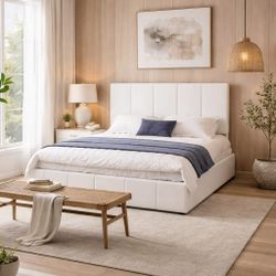 Queen bed  WhitePlatform Bed Frame/Butterfly Pattern Design Headboard and Footboard/Mattress Foundation/Under Bed Storage/No Box Spring Needed/Easy As