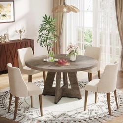 Farmhouse Dining Table, 47 Inch Round Dinner Table for 4 (Grey)
