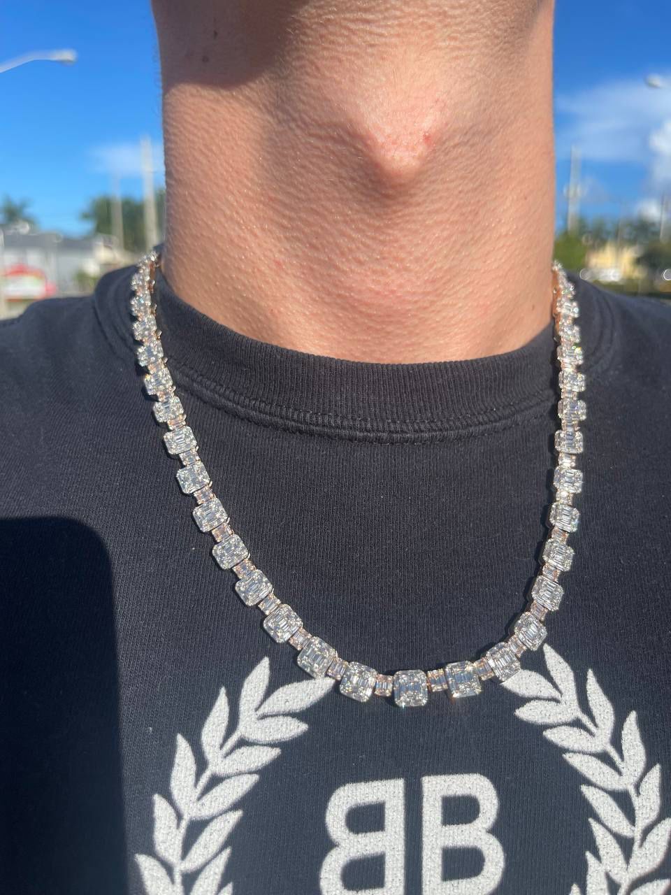 14k solid white and rose gold Bussdown diamond vvs baguette and round natural stones two tone necklace chain iced out
