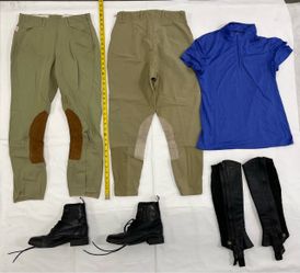 Ariat Womens Equestrian Riding Apparel Lot Black Leather Lace Up Paddock Boots 7.5B 4LR Zip Half Chaps Small Tan Suede Knee Patch Breeches Pants 28R D