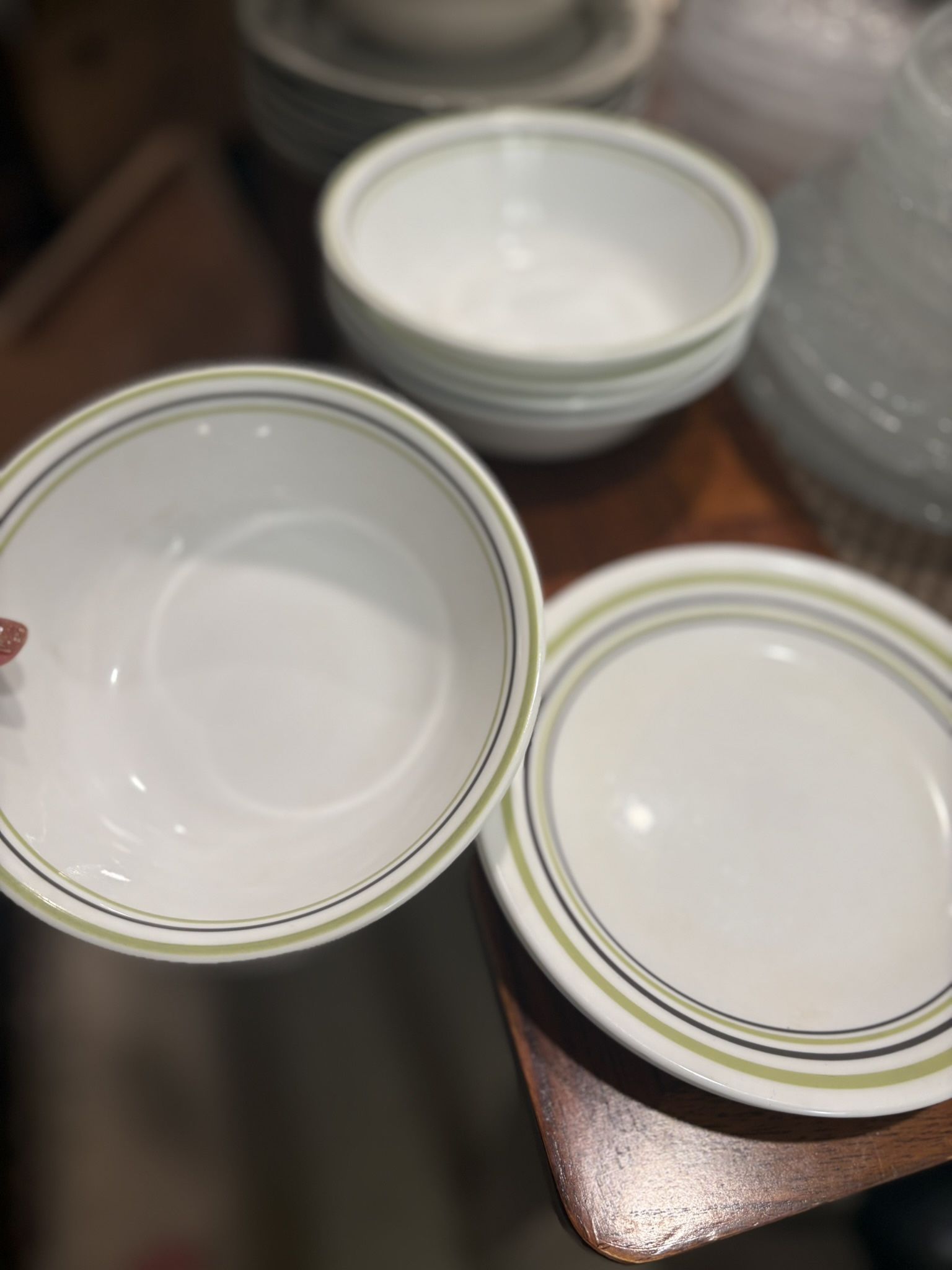 Corelle Green Stripe Bowls (5) + Plates (2)