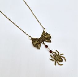 Handmade Bow and Spider Goth Necklace Deep Red Clear Glass Beads