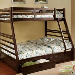 Brand New Espresso Twin Over Full Bunk Bed w Trundle Drawers 