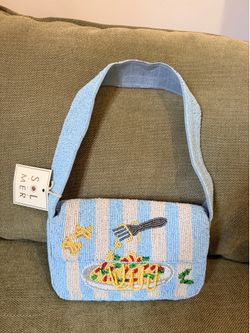 Sol Mer Beaded Striped Pasta Tomato Shoulder Bag Purse Light Blue White Viral