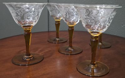 Vintage 1950s Amber Stemmed and Etched Floral Cocktail or Champagne Glasses