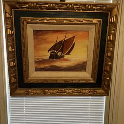 MCM Signed Nautical Seascape In Ornate Frame-16.25” X 18.25”-$45 CASH