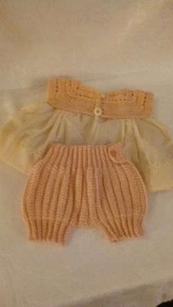 Baby girl dress set, hand crafted, made with acrylic yarns/cotton, new, fits 6months and up, $17.00.