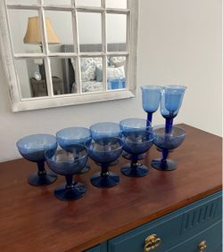 Set of 3 Blue Goblets & 8 Dessert Bowls