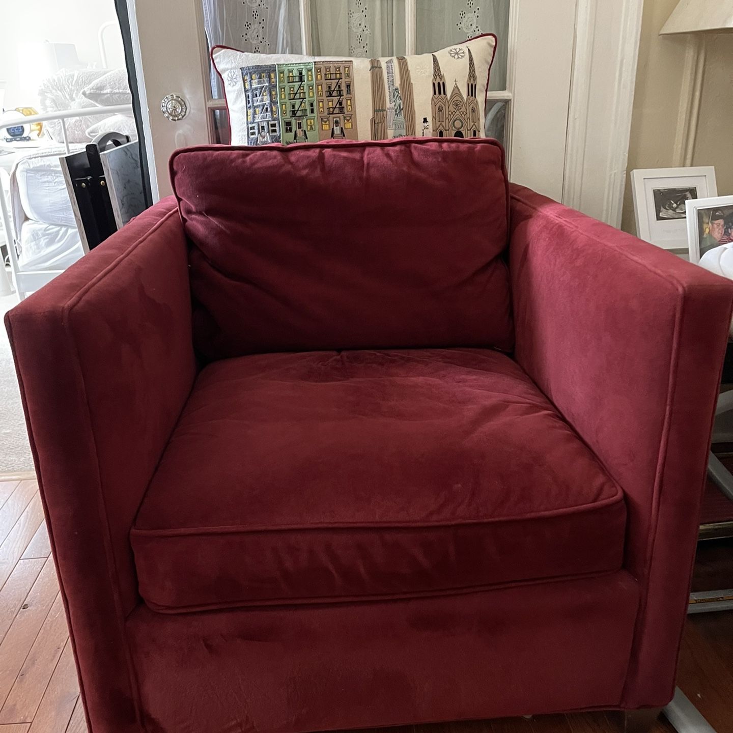 2 red Crate & Barrel chairs