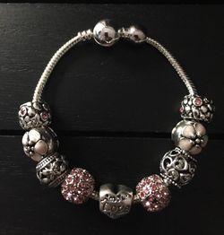 7.5” Sterling Silver Plated Charm Bracelet with Swarovski Crystal Antique Silver Beads