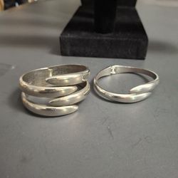 Vintage 1970's Unique Art Deco Style Silver-plated Cuff Bracelets A Single & A Double - Set Of 2