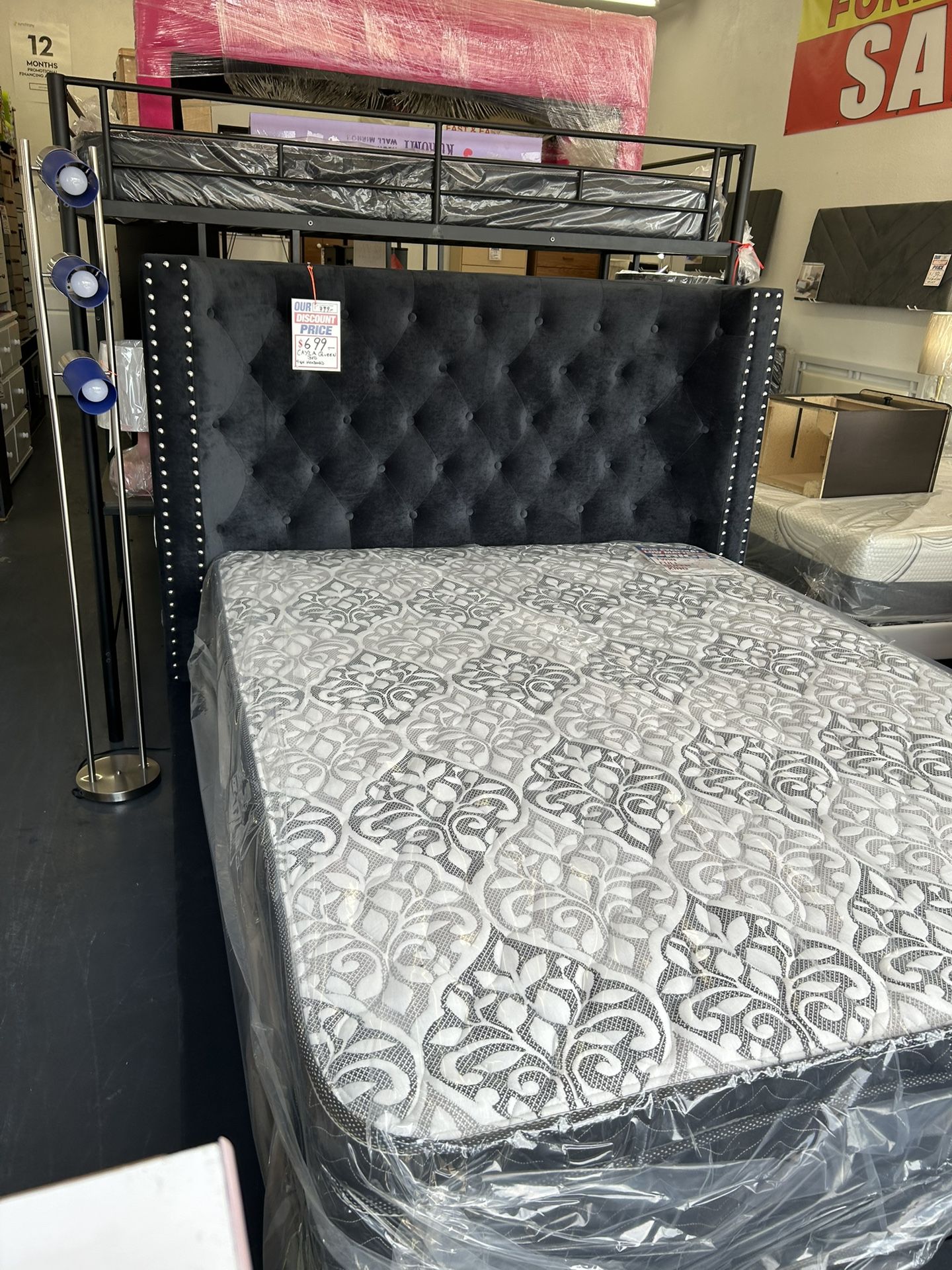 Queen Size High Headboard Bed Dark Grey