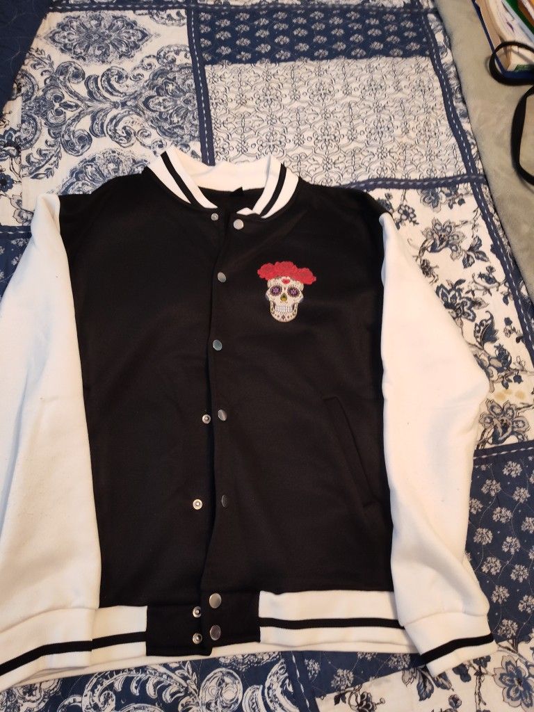 Men's Black & White Varsity Sugar Skull Jacket Size M