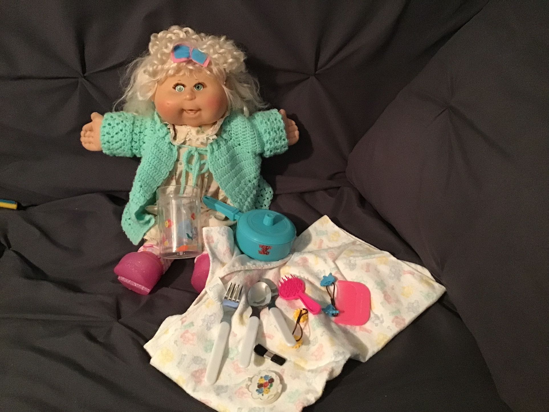 Cabbage Patch Doll With Blanker And Dishes As Shown