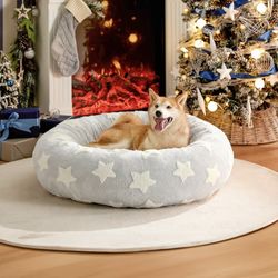 LE SURE Donut Large Dog Bed - Round Cat Beds for Indoor Cats Anti-Anxiety Calming Pet Beds, Washable Cute Modern Beds with Jacquard Shaggy Plush & Ant