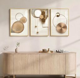 Stunning Framed Modern Luxury Gold Golden Geometric Crystal Coating Wall Art. 3 Piece - 16 x 24 each