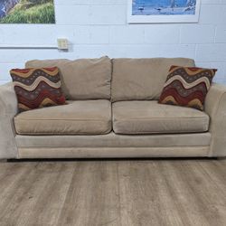 Contemporary Beige Fabric Couch with Throw Pillows