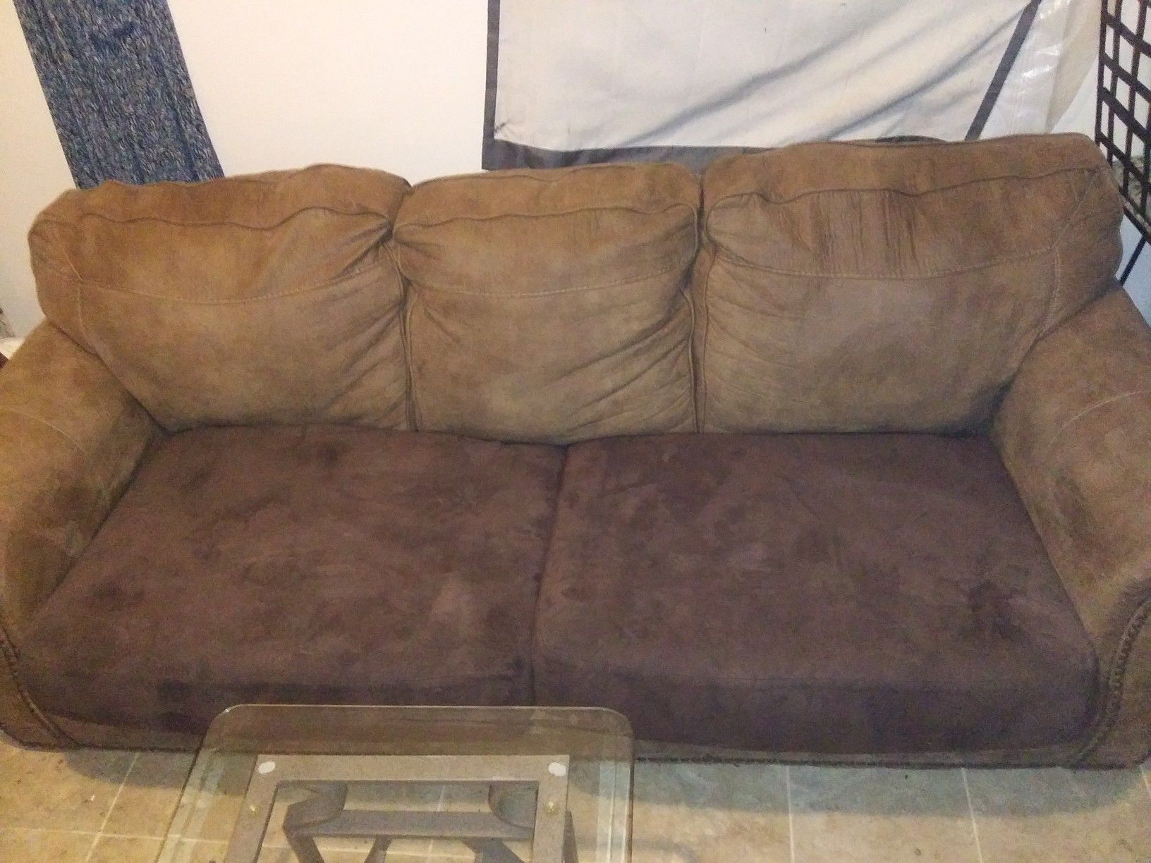 Brown Suede Couch with Tempered Glass Table