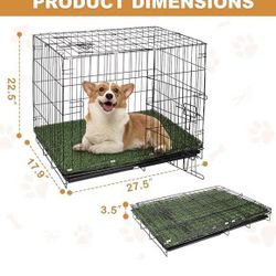 Dog Crates Kit with Artificial Grass and Dog Crates Cover, 27 Inch Double Door Collapsible Metal House for Dogs and Cats, Dog Cage with Leak-Proof Pan