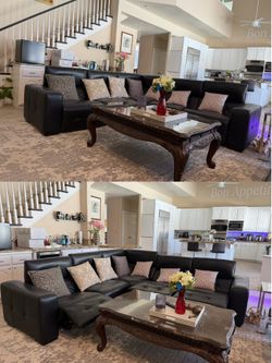 Luxury Black Leather Sectional Sofa + Marble Coffee Table – Excellent Condition