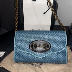 GUCCI Horsebit ChainShoulder Bag Blue 655667 Straw