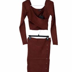 Brown Ribbed Two-Piece Set (Crop Top & Midi Skirt)