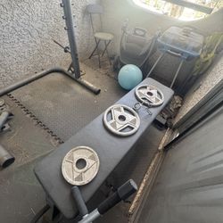 Bench, Squat Rack And  Barbell With Plates