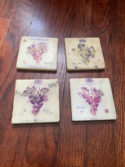 222 Fifth “Vintner’s Journal” Wine Grape Tile Coasters Set Of 4 Stone Marble Vtg