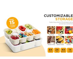 Snackle Box Container with Multi Compartments & Rotary Date Dial - Divided Serving Tray with Lid & Handle -Snack Organizer for Travel, veggies, Nut, f