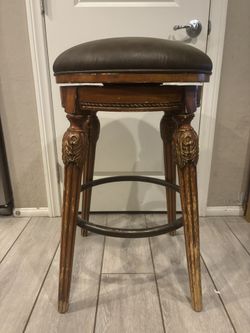 Vintage Carved Swivel Bar Stool Genuine Leather Seat – French Style