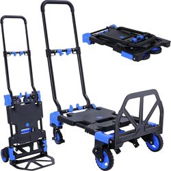 Heavy Duty 330lbs Folding Hand Truck, 2 in 1 Alu Foldable Dolly, Blue Portable Folding Hand Cart, Converts to 2 & 4 Wheel Platform Truck with 5" Solid