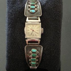 Bulova 17J  10k RGP Sterling Silver Turquoise Tips Watch Native American Works 