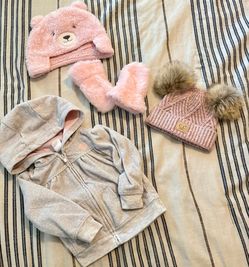 Baby girl beanies/mittens/sweater 6-12 month