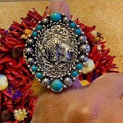Southwestern Style Ring, And Earrings With Buffalo Design And Turquoise Accents