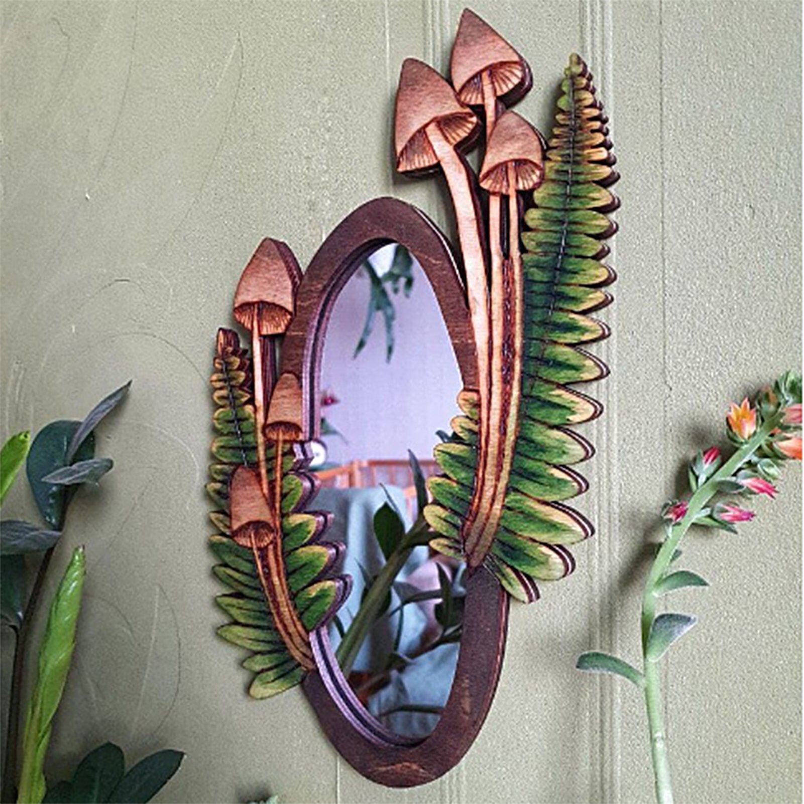 Rustic Wooden Mushroom Oval Mirror