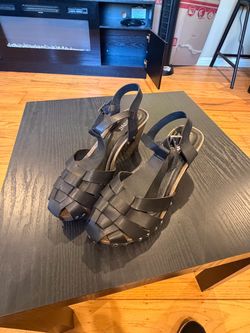 Wide Black Woven Leather Wedge Sandals
