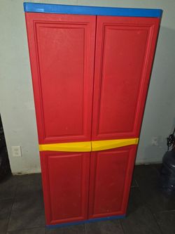 Tall Plastic Storage Cabinet Red and Blue