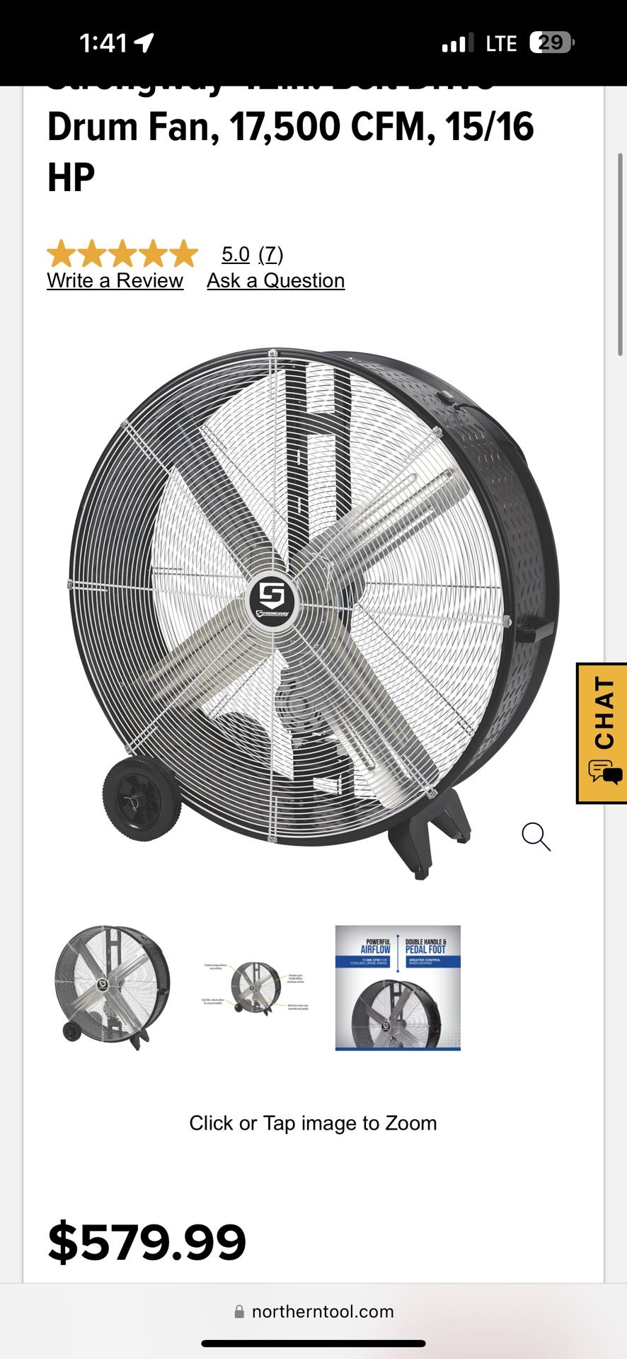 Strongway 42in. Belt Drive Drum Fan, 17,500 CFM, 15/16 HP USED ONLY ONCE AND HAS BEEN STORED Save over $100 including tax