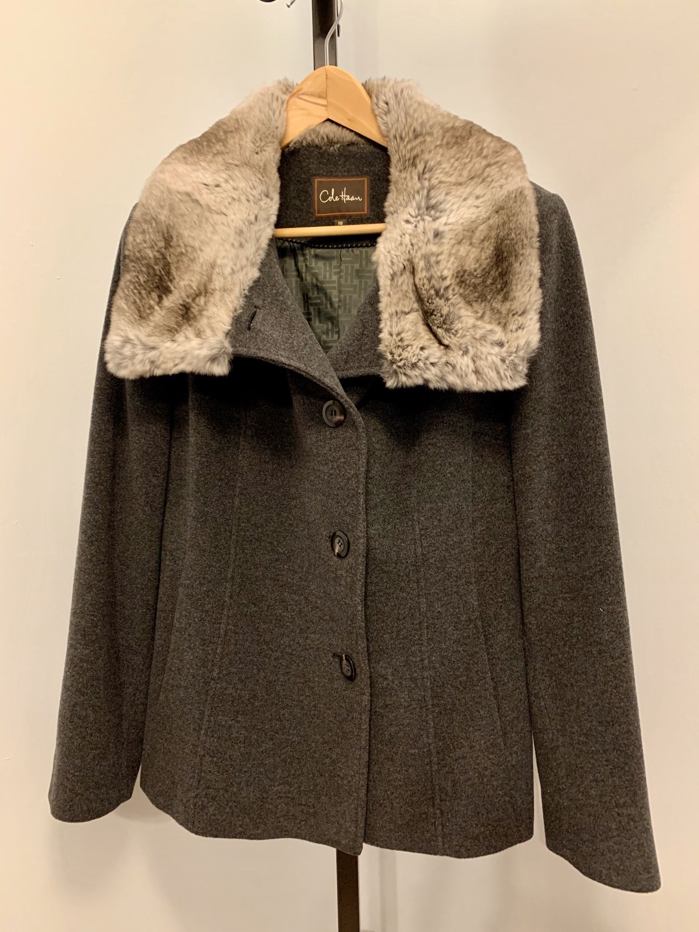Women’s Cole Hann Grey Fur Wool Coat, Size 10