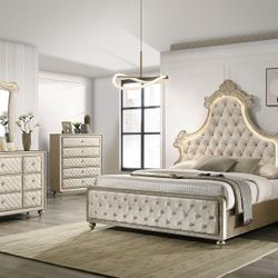 Brand New 4pc Lucienne beige velvet tufted ornate queen bedroom set fabric tufted upholstered
