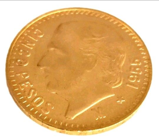 1955 Mexico 22k Gold  Cinco Pesos Gold Coin 4.2 Gram