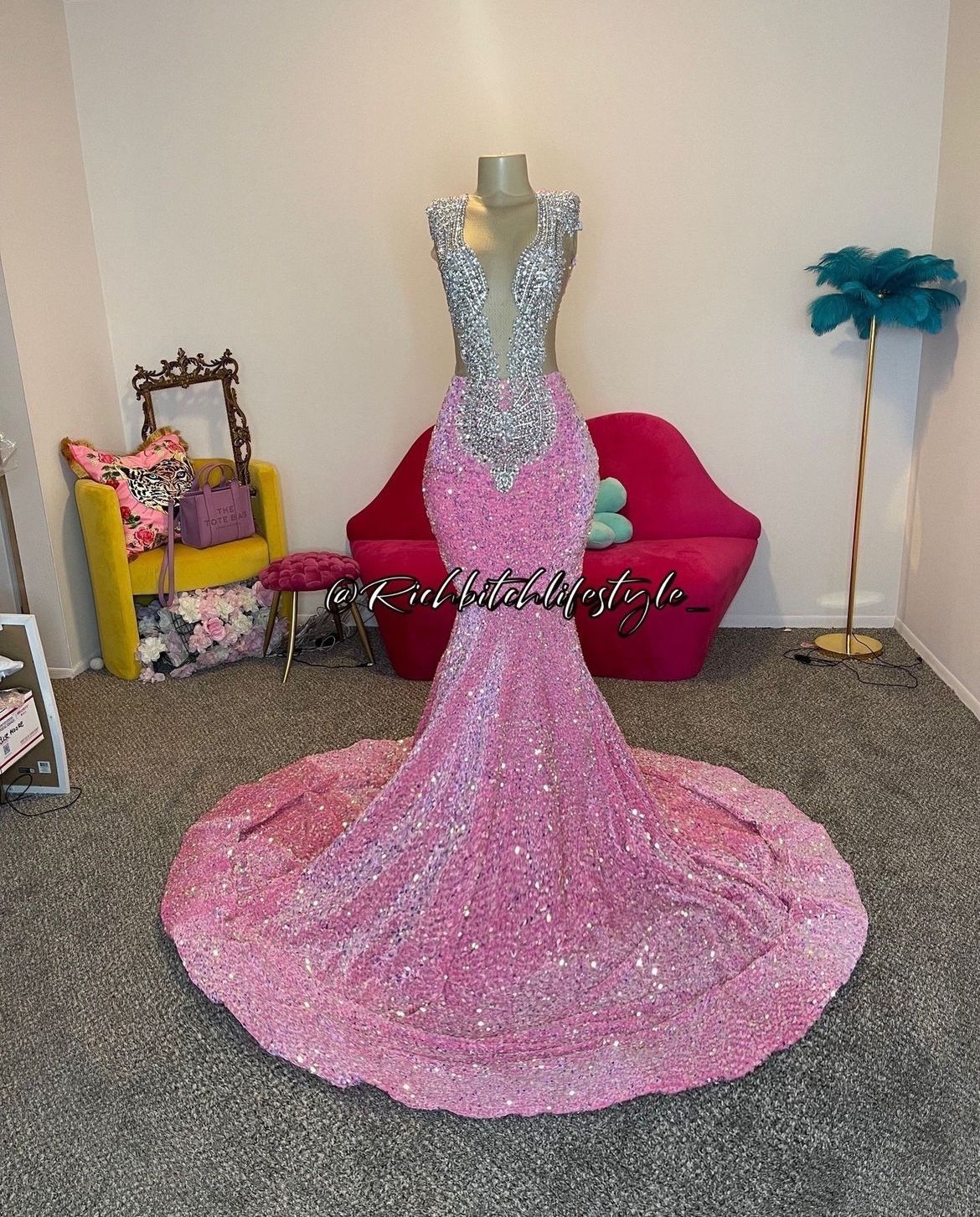 sliver & pink prom dress 