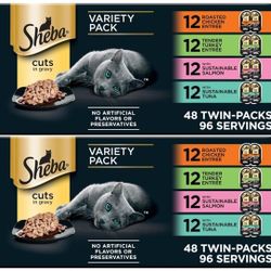 (96 Twin-Pack 192 servings) Sheba Perfect Portions Wet Cat Food Cuts in Gravy, Roasted Chicken Entree, Tender Turkey Entree, with Sustainable Salmon