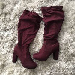 Burgundy Suede Knee High Heel Boots
