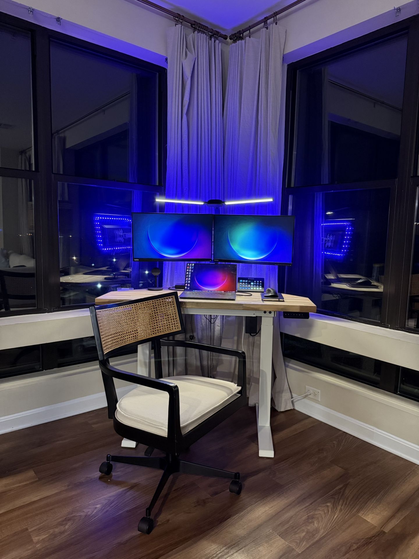✨ Custom Acacia Wood Corner Standing Desk w/ LED Lights + Dual Monitor Arm + Libby Cane Desk Chair ✨